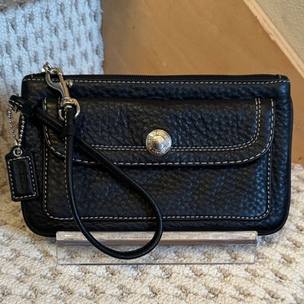Coach Black Leather Wristlet with Silver Accents